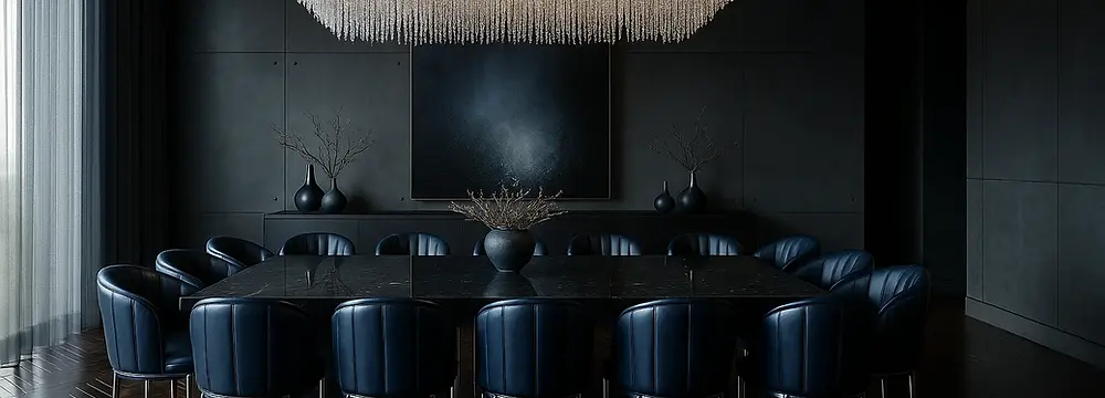 Dark luxury dining room with navy chairs, marble table, crystal chandelier, herringbone floors, and moody lighting