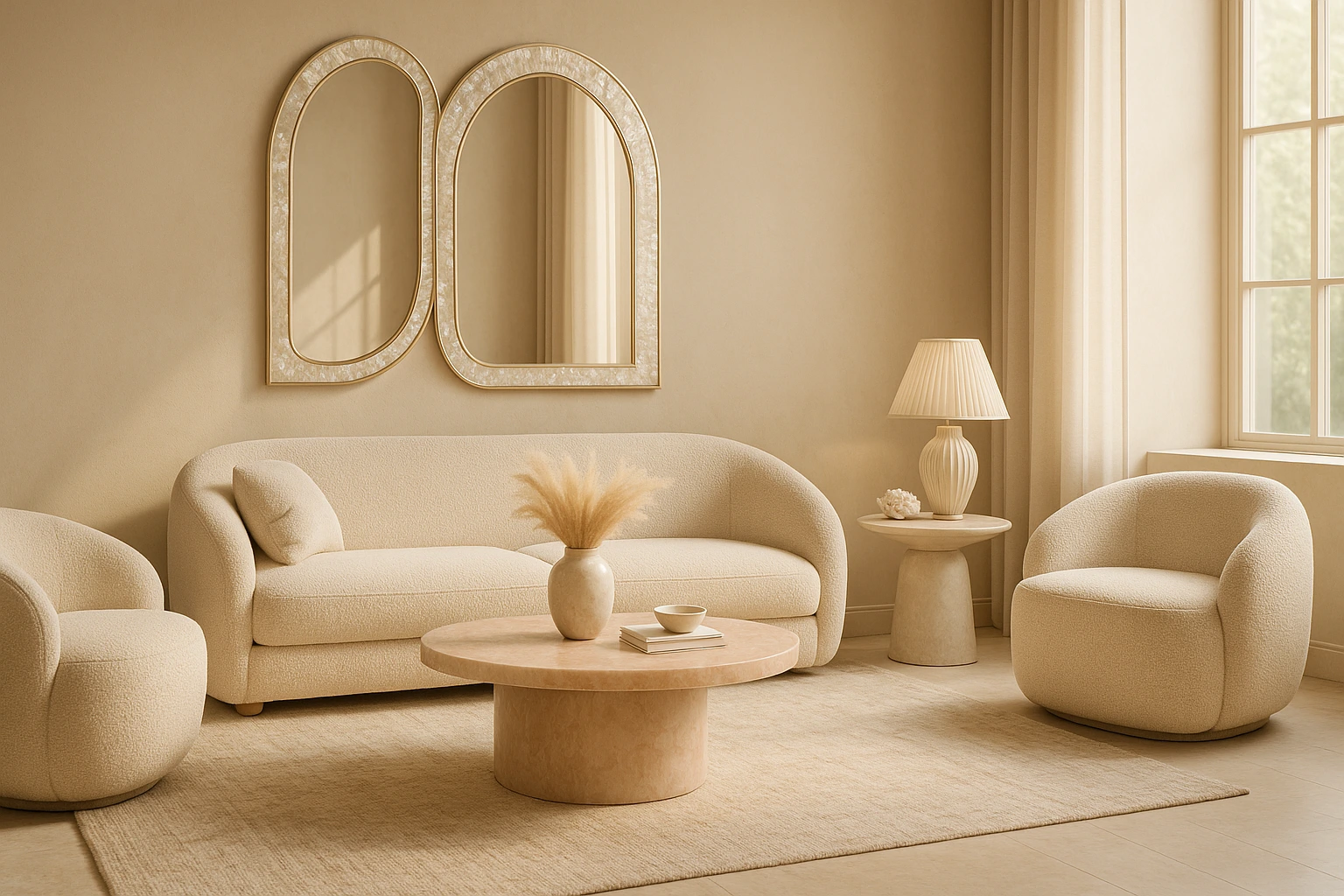 Minimalist neutral living room with curved furniture, arched mirrors, stone table, and soft natural lighting
