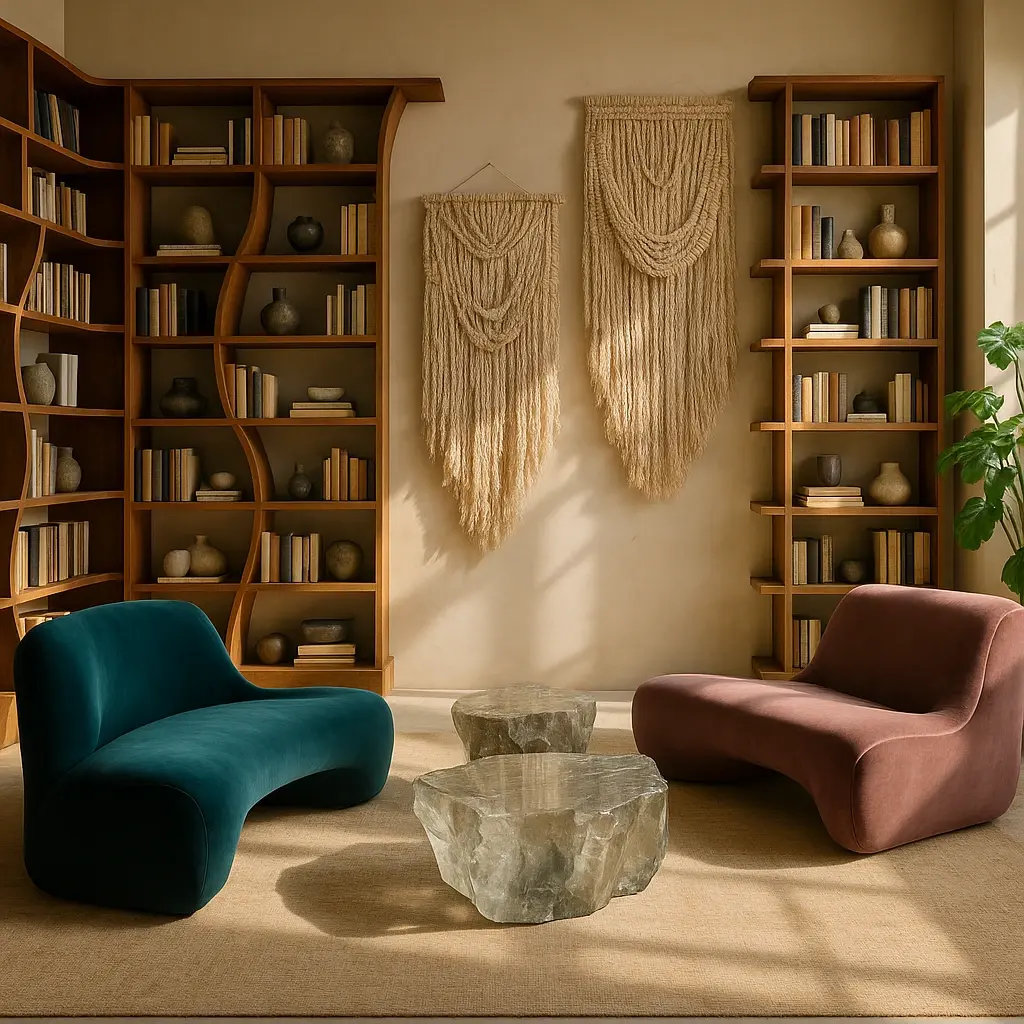 Reading lounge with curved bookshelves, sculptural lounge chairs, glass coffee tables, and textured wall hangings