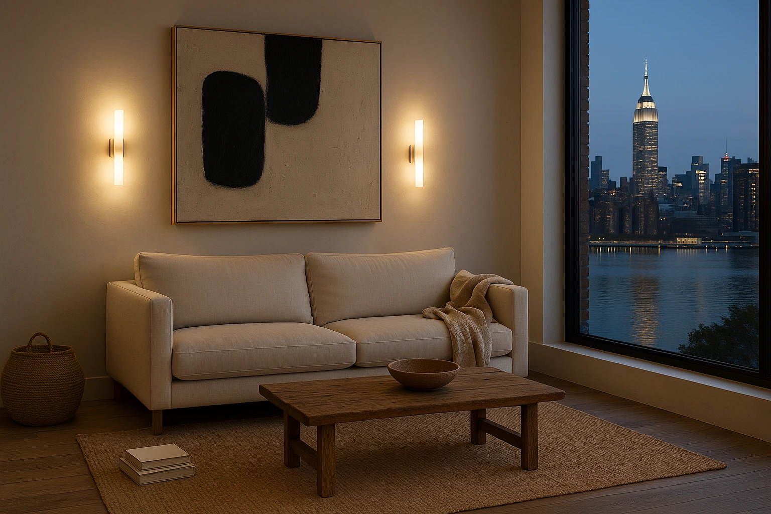 Minimalist NYC living room with neutral tones, warm lighting, abstract art, and Empire State Building night view