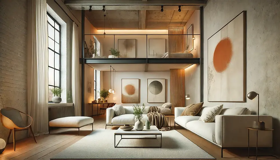 This image showcases a modern loft with a minimalist design and warm, earthy accents. The space is divided into two levels, with the upper level featuring a cozy sleeping area accessible by a sleek staircase. The lower level is an open-plan living area, furnished with contemporary white sofas, a simple coffee table, and decorated with abstract art pieces that add a pop of color and texture to the neutral palette. Large industrial-style windows allow ample natural light to flood the space, enhancing the warm and inviting atmosphere. The loft's design combines clean lines with soft, organic elements, creating a perfect blend of modern elegance and comfort.