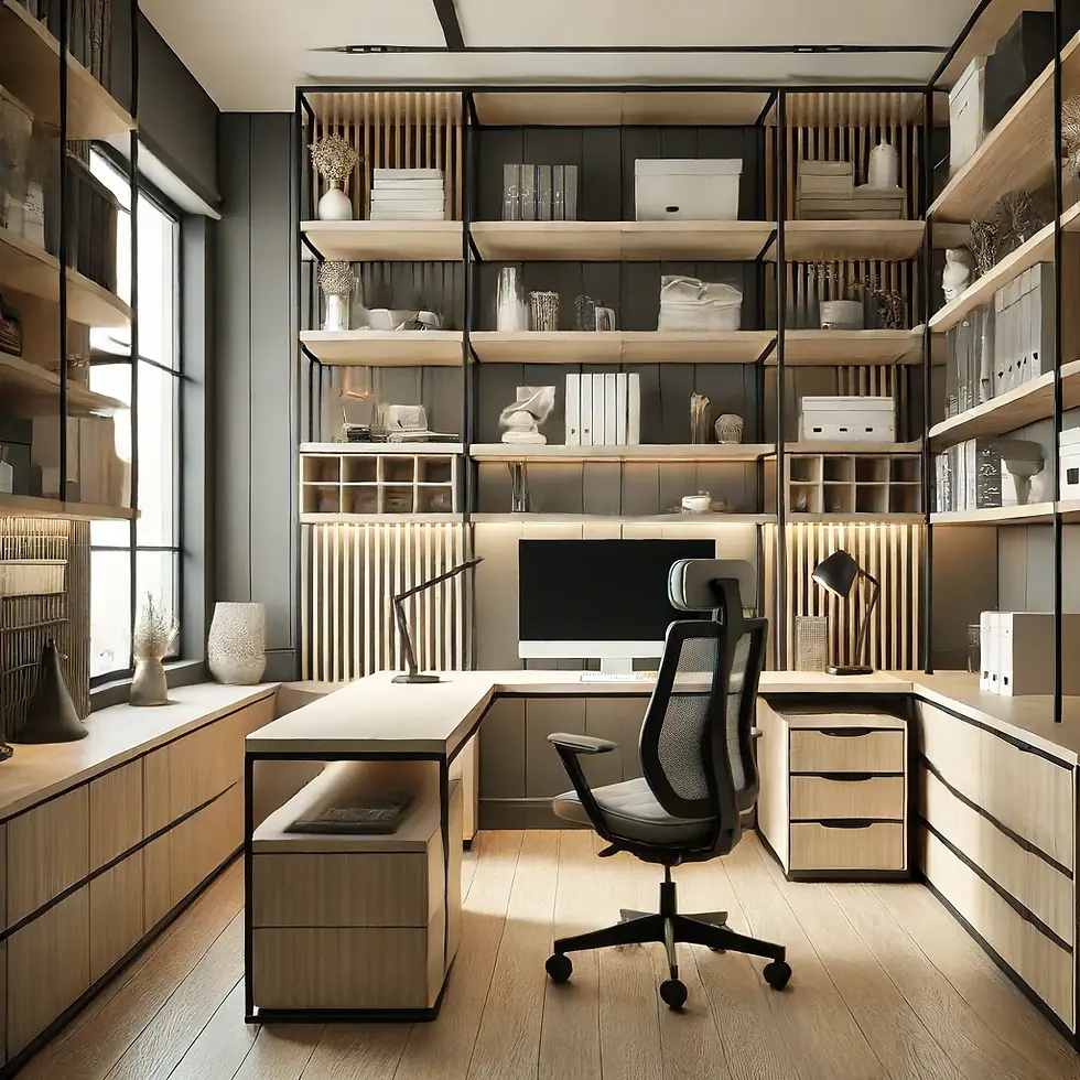 This image showcases a contemporary home office characterized by Scandinavian design elements. The room features light wood furniture and shelves, complemented by sleek black accents that frame the storage units and the ergonomic office chair. The workspace is bathed in natural light streaming through large windows, creating a bright and inviting atmosphere. Strategically placed decorative objects, books, and storage boxes add a touch of personal style and functionality. The clean lines, minimalist aesthetic, and practical layout make this home office an ideal environment for productivity and creativity.