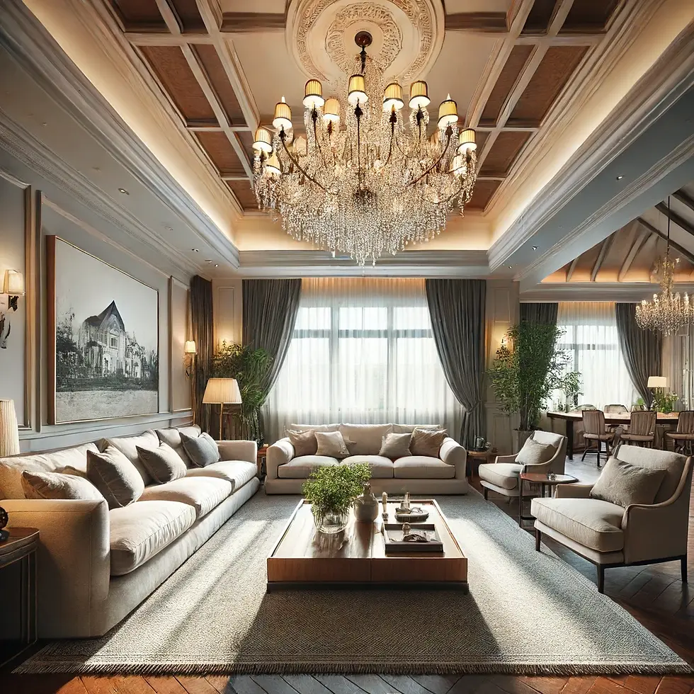 This image features an elegant living room adorned with a magnificent crystal chandelier that serves as the focal point of the space. The room is furnished with plush, neutral-toned sofas and armchairs arranged around a sleek wooden coffee table. Large windows draped with opulent curtains allow natural light to flood the room, enhancing the warm and inviting atmosphere. The ceiling boasts intricate coffered detailing, adding a touch of grandeur, while potted plants and tasteful wall art contribute to the sophisticated decor. This luxurious living room perfectly blends classic elegance with contemporary comfort, creating a refined and welcoming environment.