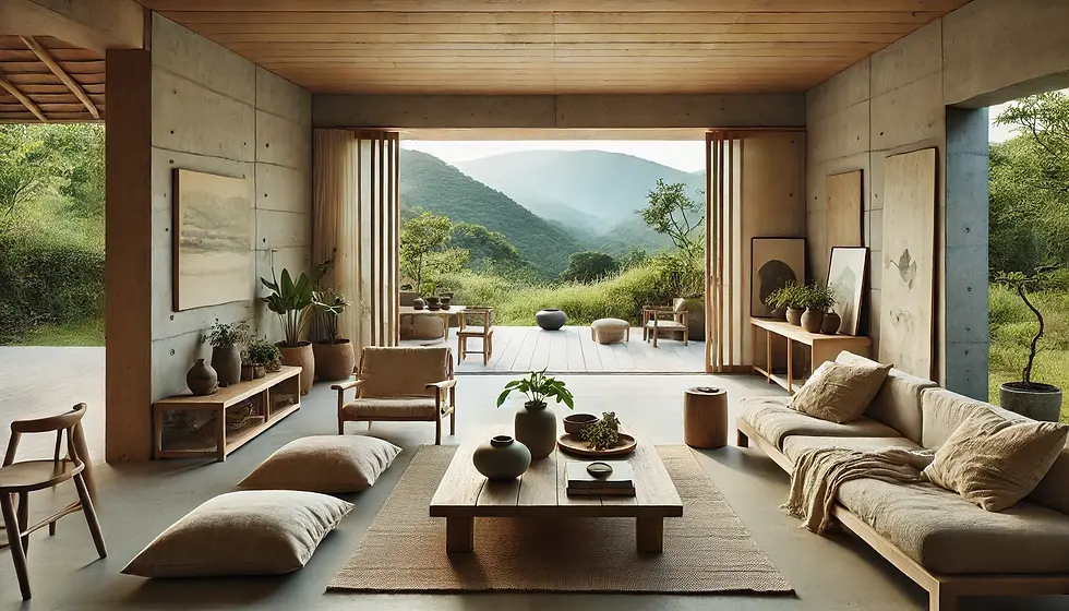 Wabi Sabi-style living room with an indoor-outdoor connection, featuring natural, rustic elements. The space includes weathered wooden furniture, concrete walls, and earthy decor, creating a tranquil and harmonious ambiance with mountain views.