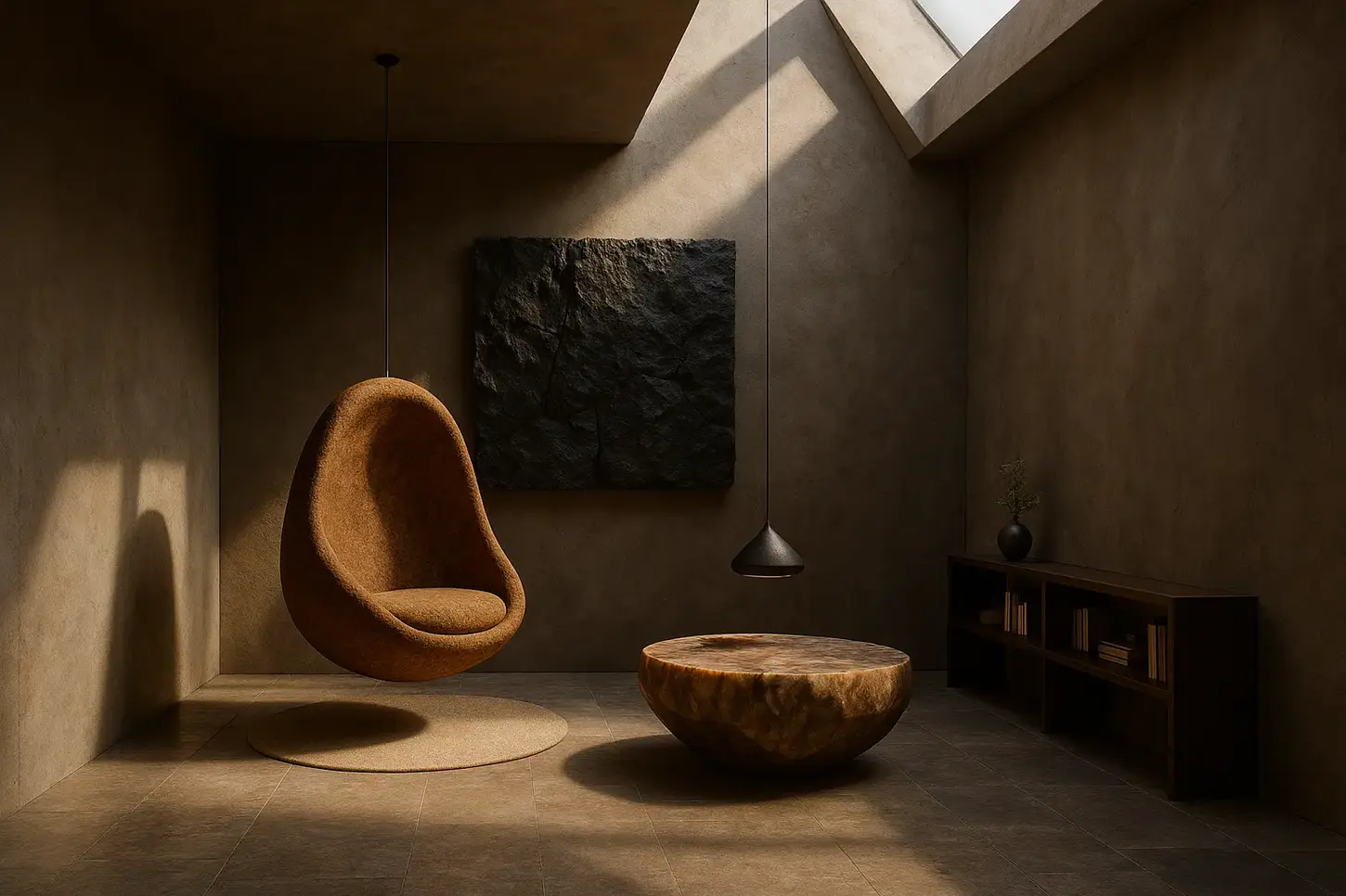 Minimalist reading nook with hanging cocoon chair, round stone table, pendant lighting, and skylight shadows