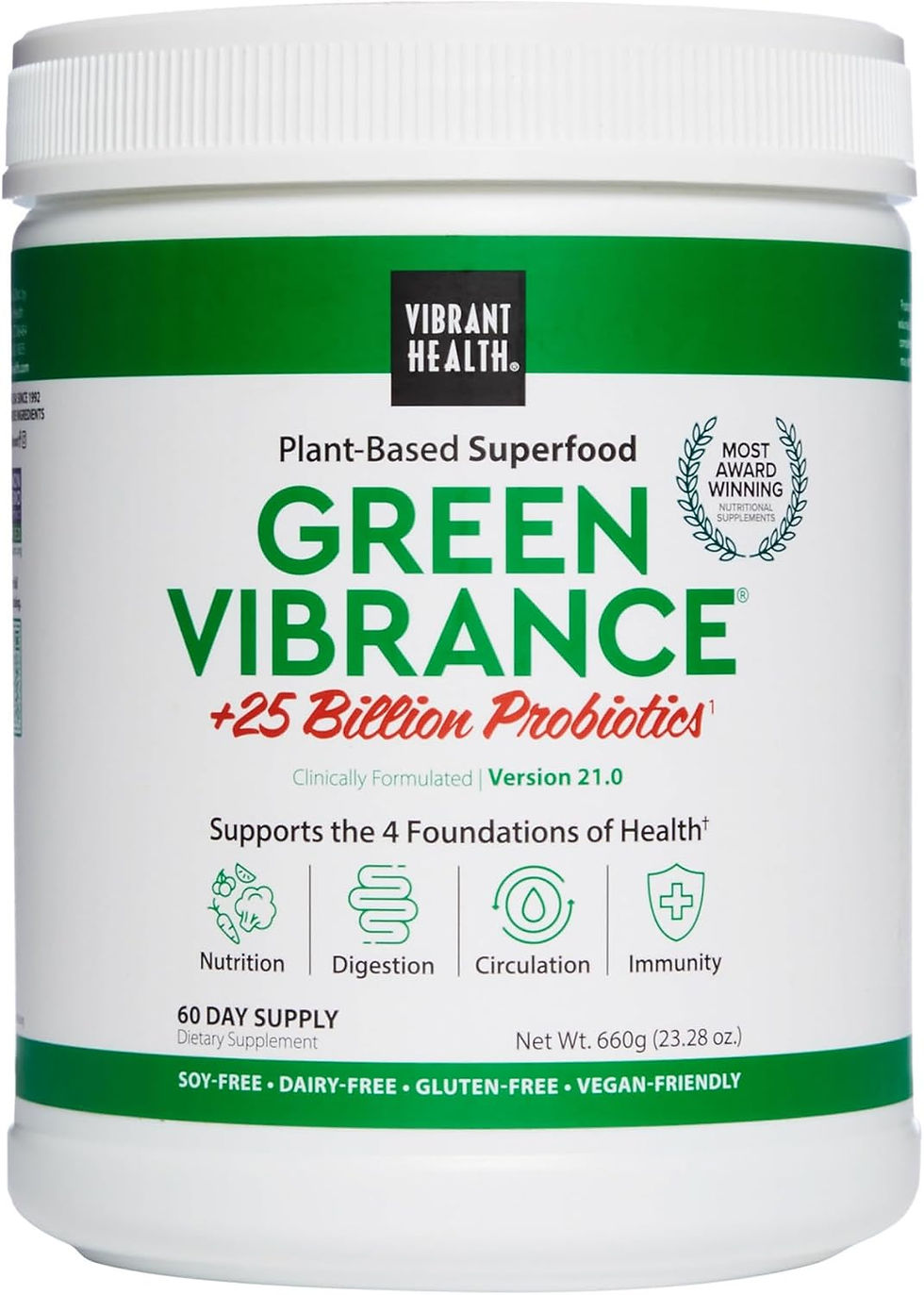 Vibrant Health Green Vibrance Vegan Superfood Powder, 60 servings – gluten-free energy and immune support supplement
