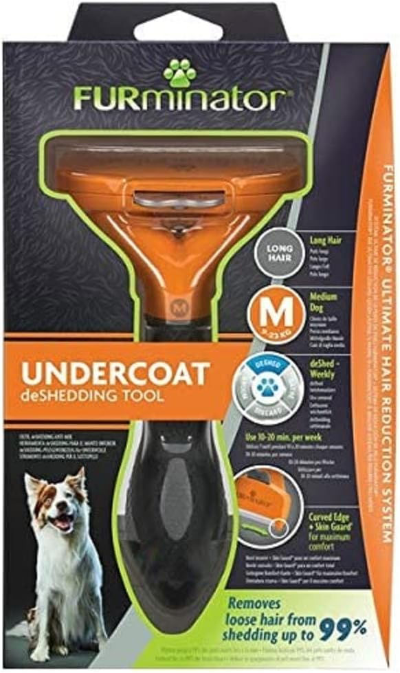 "FURminator Undercoat deShedding Tool 2.0 for medium long hair dogs with stainless steel edge and ergonomic handle"
