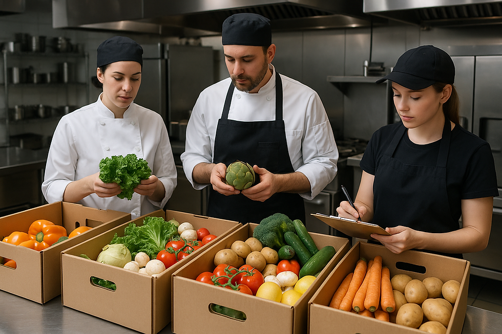 Chefs and staff carefully inspect fresh produce in the kitchen, ensuring the quality of ingredients for upcoming meals.