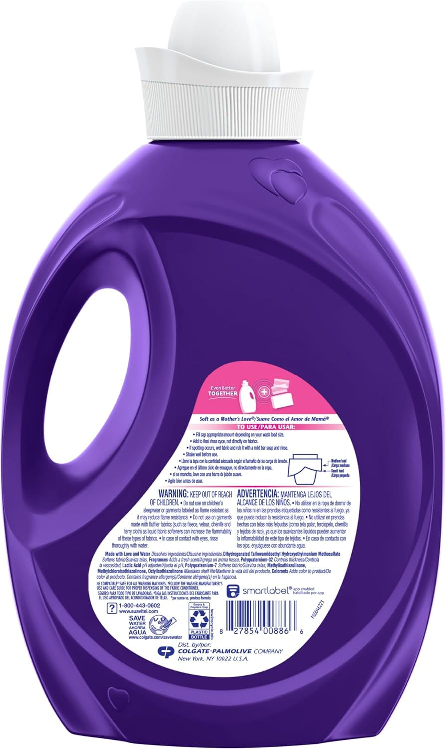 Suavitel Soothing Lavender Fabric Softener 105oz bottle with fresh laundry and lavender flowers in background.