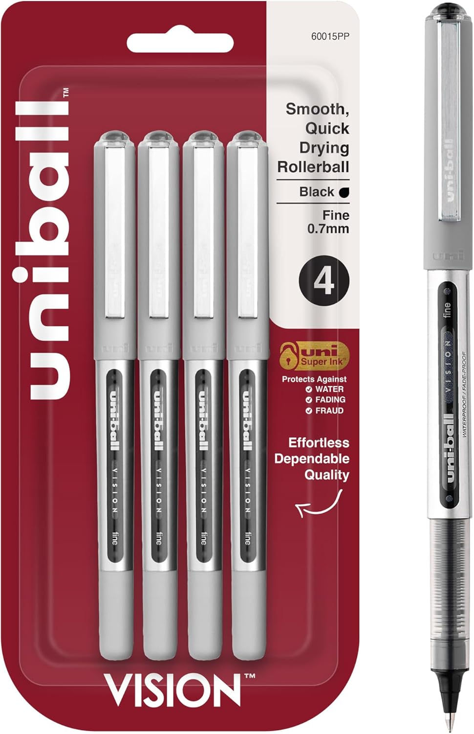 Pack of 4 uni-ball Vision Stick Roller Ball Pens with fine-point black ink, featuring smooth-flowing, fade-resistant ink