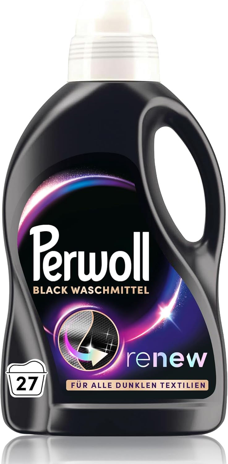 Bottle of Perwoll Black Detergent for dark clothes, featuring triple-renew technology for color and fiber care, 27 wash loads