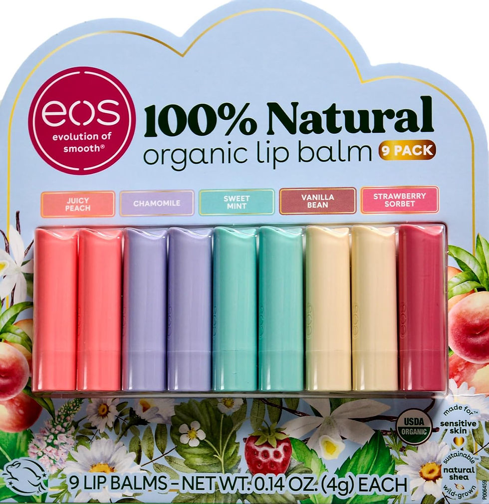 EOS Organic Lip Balm 9-pack including Vanilla Bean, Sweet Mint, Strawberry Sorbet, and Juicy Peach flavors in eco-friendly