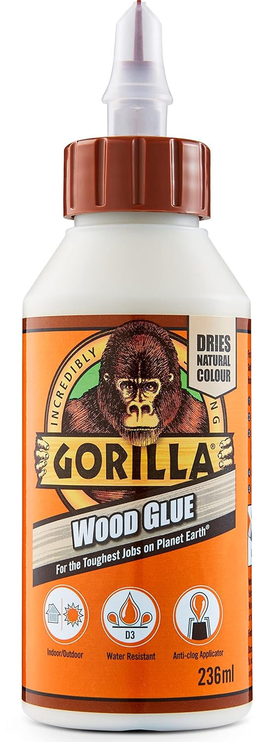 236ml bottle of Gorilla Waterproof Wood Glue for woodworking and furniture repair, compatible with hardwoods and softwoods.