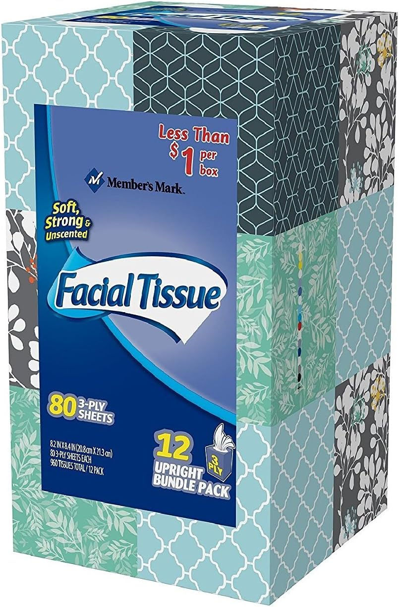 Twelve boxes of Member's Mark 3-ply white facial tissues, ideal for sensitive skin