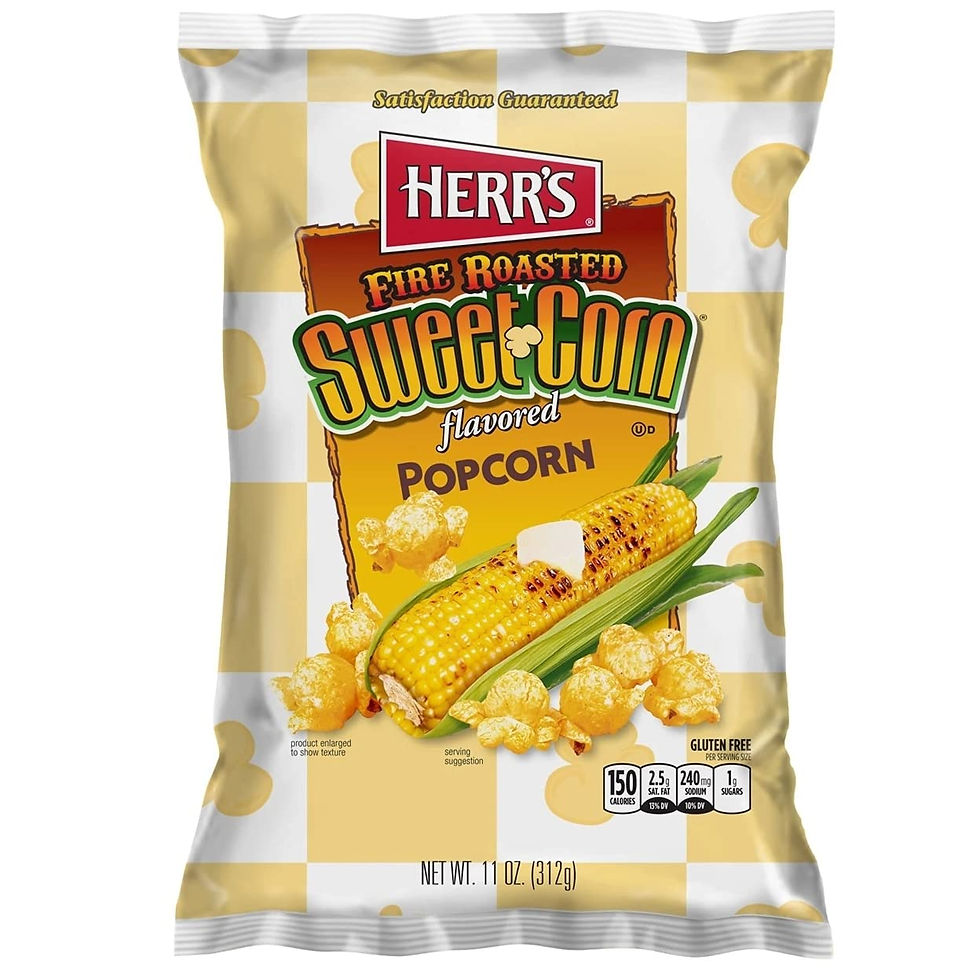 Herr's Fire Roasted Sweet Corn Popcorn bag with roasted corn graphics