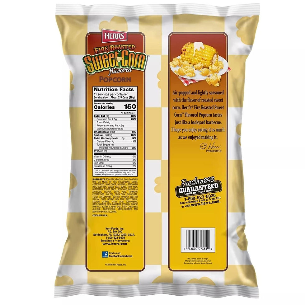 Herr's Fire Roasted Sweet Corn Popcorn bag with roasted corn graphics