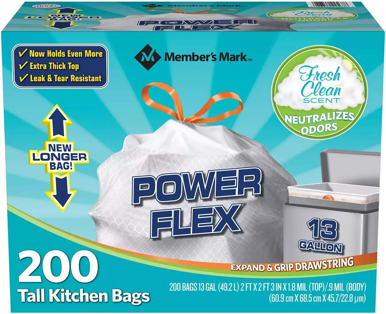 Wholesale 13 Gallon Power Flex Kitchen Trash Bags with Leak Protection and Drawstring – Fresh Scent, 1 Pack