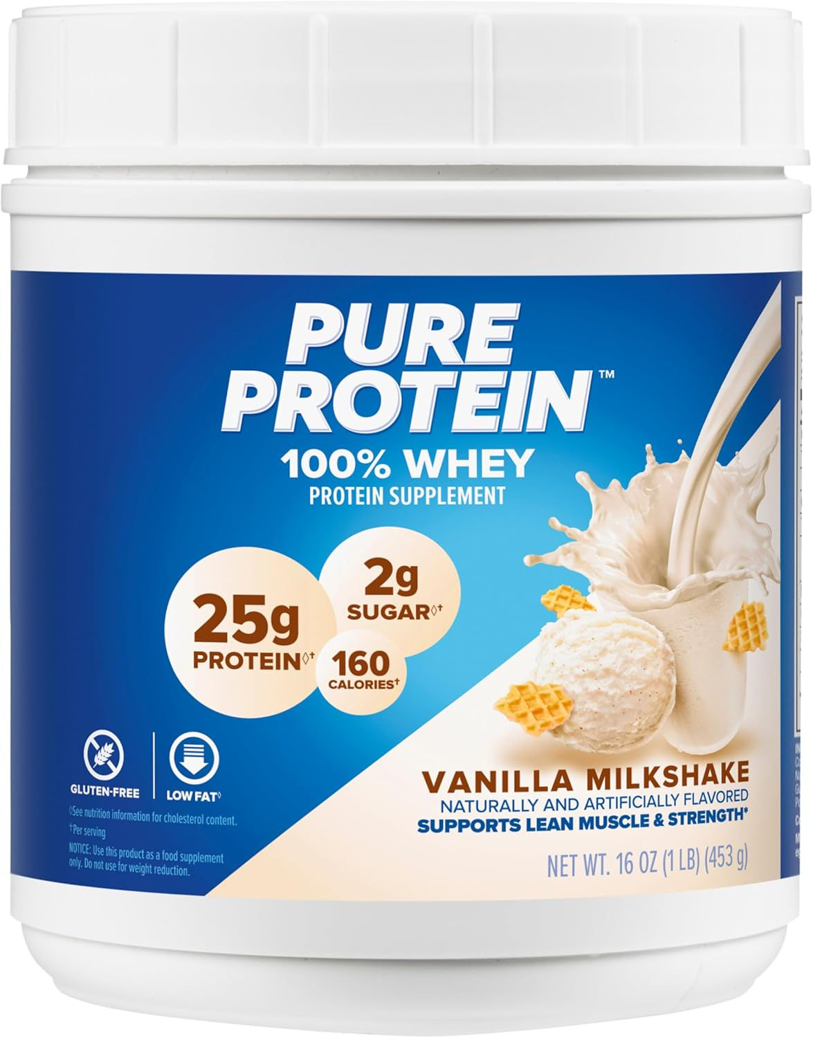 Pure Protein Whey Powder Vanilla Cream – 1 lb tub of gluten-free, low sugar, high protein vanilla supplement for muscle