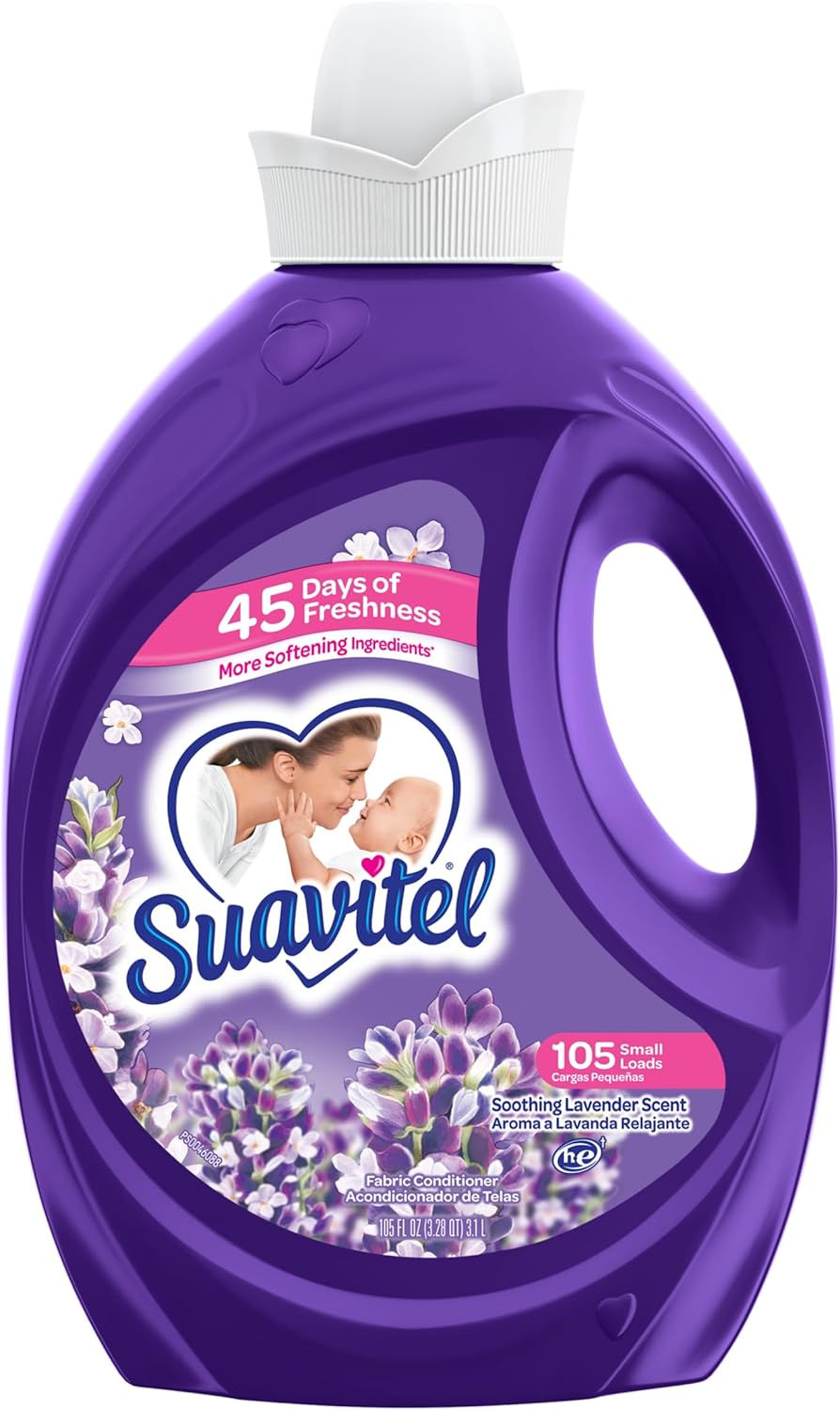 Suavitel Soothing Lavender Fabric Softener 105oz bottle with fresh laundry and lavender flowers in background.
