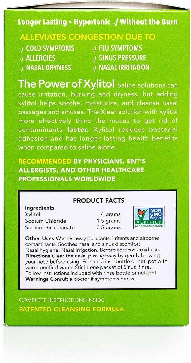 Box of Xlear Nasal Rinse Refill Packets, 50-count, with natural saline and xylitol formula for sinus congestion and allergy