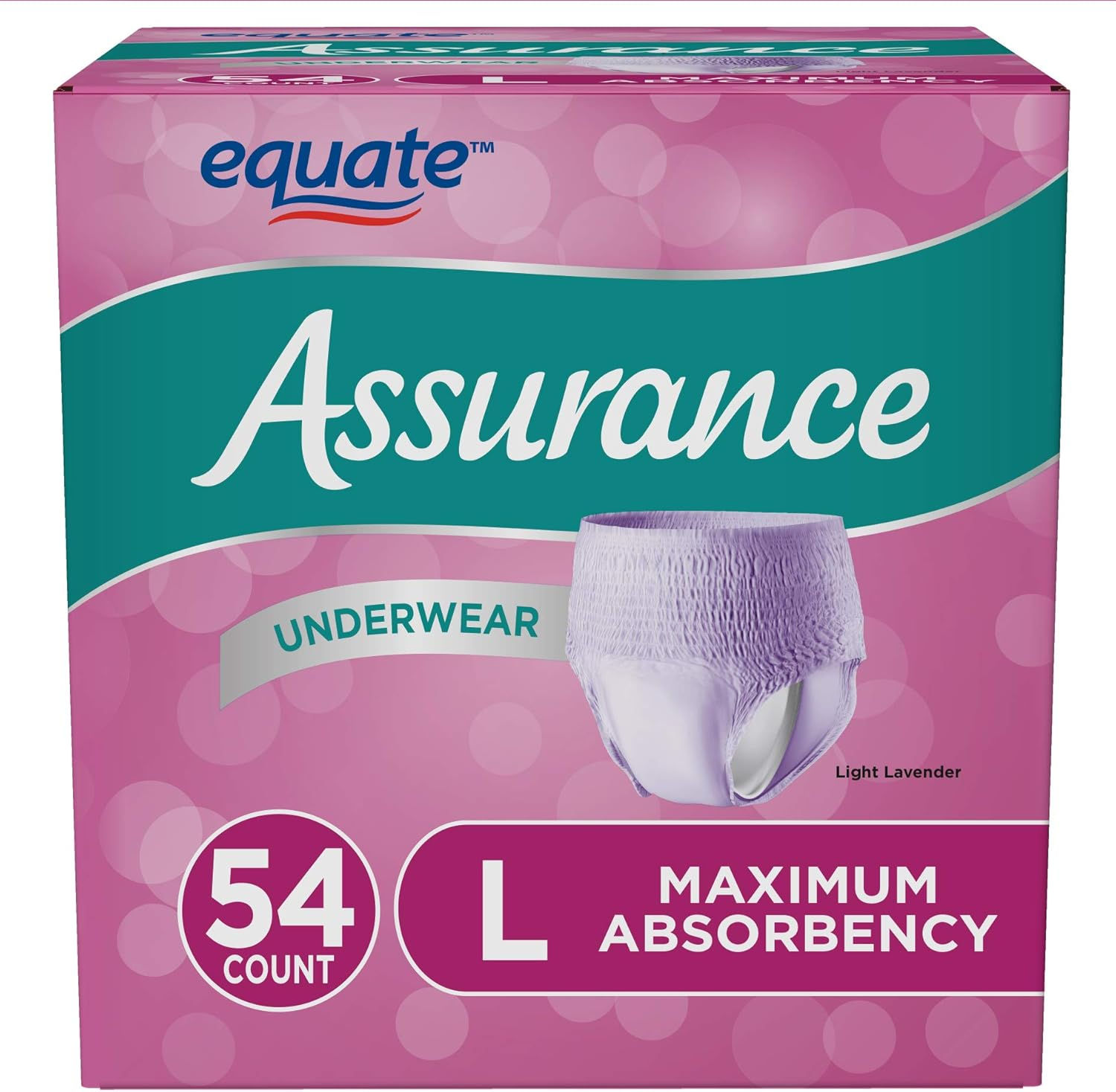 Assurance for Women large lavender-colored maximum absorbency protective underwear pack of 54, designed for adult
