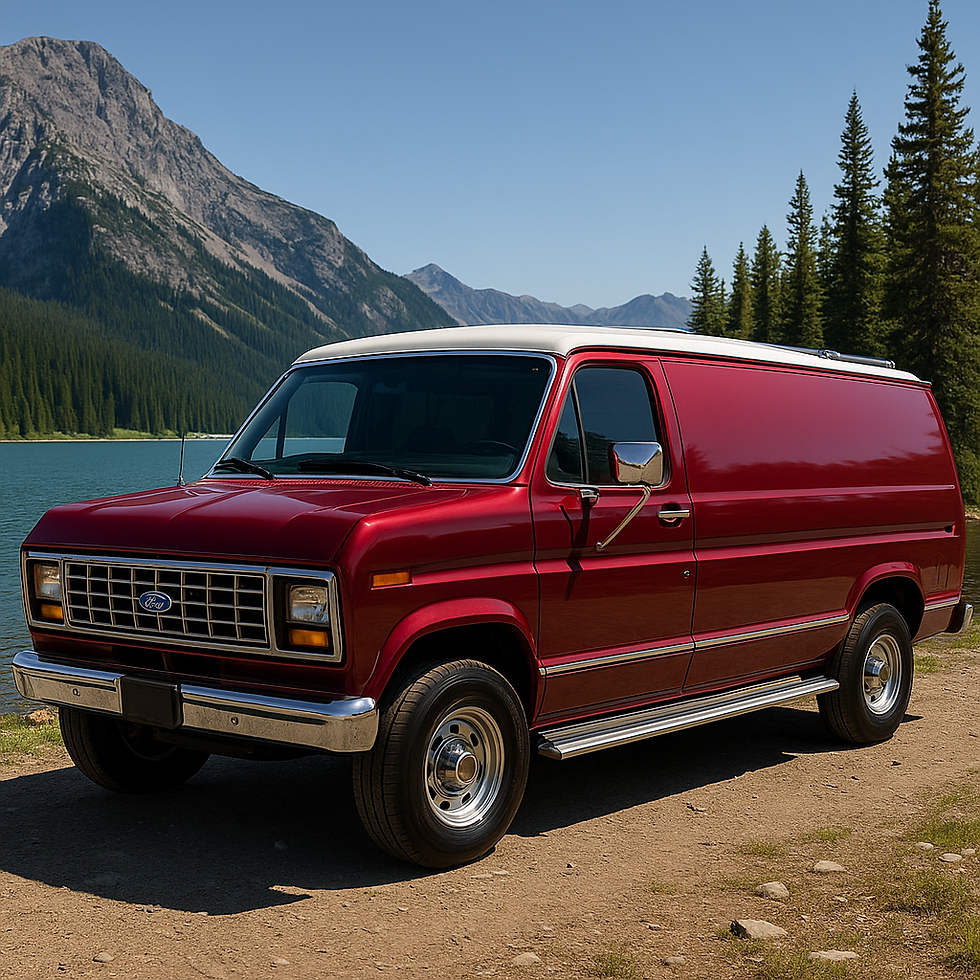 1988 Ford Econline by a lake in the mountains of colorado