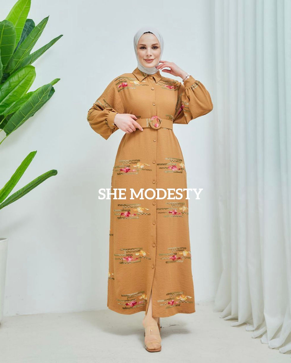 Thumbnail: TURKISH FULLY OPENABLE EMBROIDERED DRESS WITH BELT 1009
