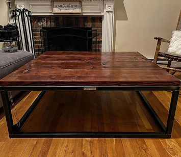 custom coffee table with cherry wood and black metal legs