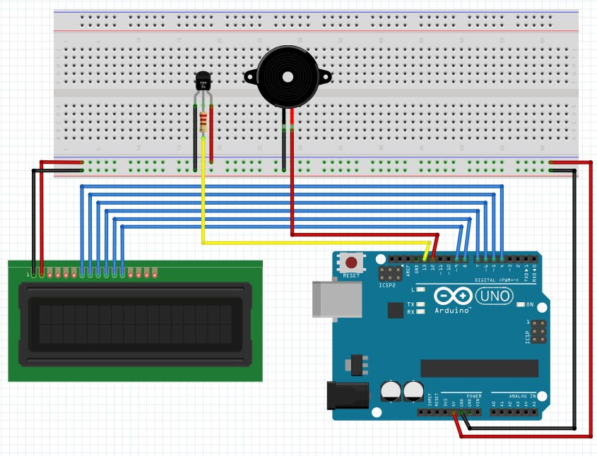 Circuit Layout for connecting Temperature Sensor, Resistor, LCD Display Screen and Arduino