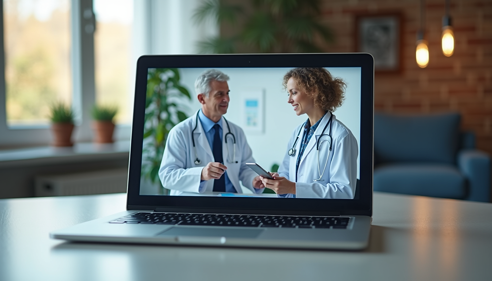Two doctors talking on a laptop