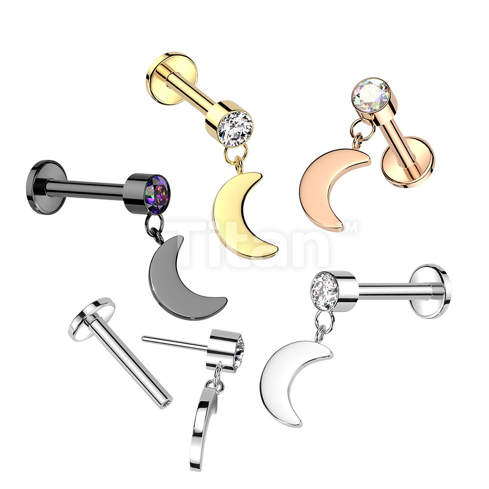 Threadless Push In Labret With Round Bezel Set CZ and Crescent Moon Dangle Top