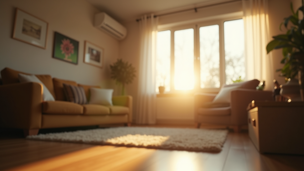 Eye-level view of a living room with sunlight streaming through a window