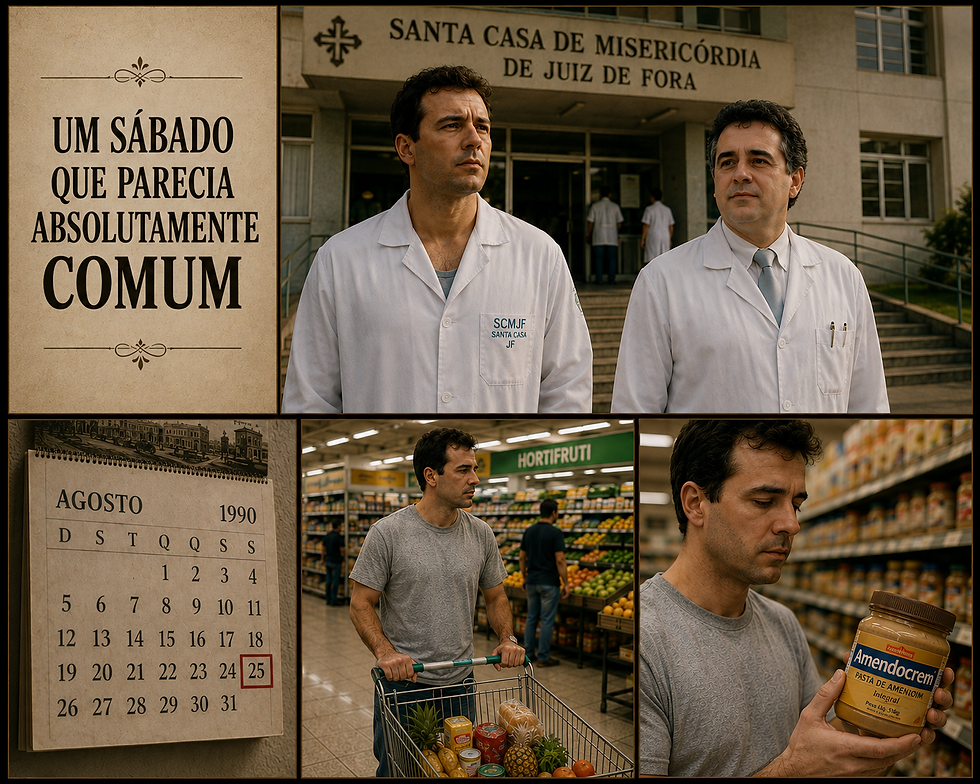 Uma colagem de quatro imagens com estética cinematográfica dos anos 1990, narrando o início de um dia comum. No canto superior esquerdo, um quadro com textura de papel envelhecido traz o texto em destaque: "UM SÁBADO QUE PARECIA ABSOLUTAMENTE COMUM". No topo, em uma imagem panorâmica, dois médicos de jaleco branco aparecem lado a lado em frente à fachada da Santa Casa de Misericórdia de Juiz de Fora; o médico da esquerda traz a sigla "SCMJF" bordada no bolso. No canto inferior esquerdo, um calendário de folhinha antiga aponta para o mês de "AGOSTO 1990", com o dia 25 destacado em um círculo vermelho. Nas duas imagens inferiores à direita, um homem de camiseta cinza aparece fazendo compras em um supermercado: primeiro, empurrando um carrinho com frutas e pães; depois, em close-up, observando pensativo um pote de pasta de amendoim Amendocrem em suas mãos.