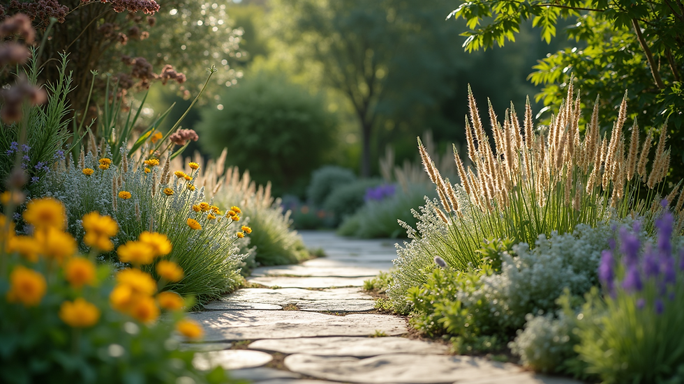 Wide angle view of a vibrant garden with native plants and a stone pathway