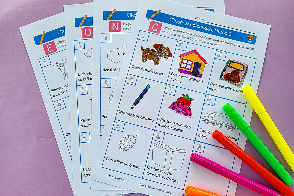 Miniatură: Literele C, N, U, E. Pachet Fișe scriere și lectură.
