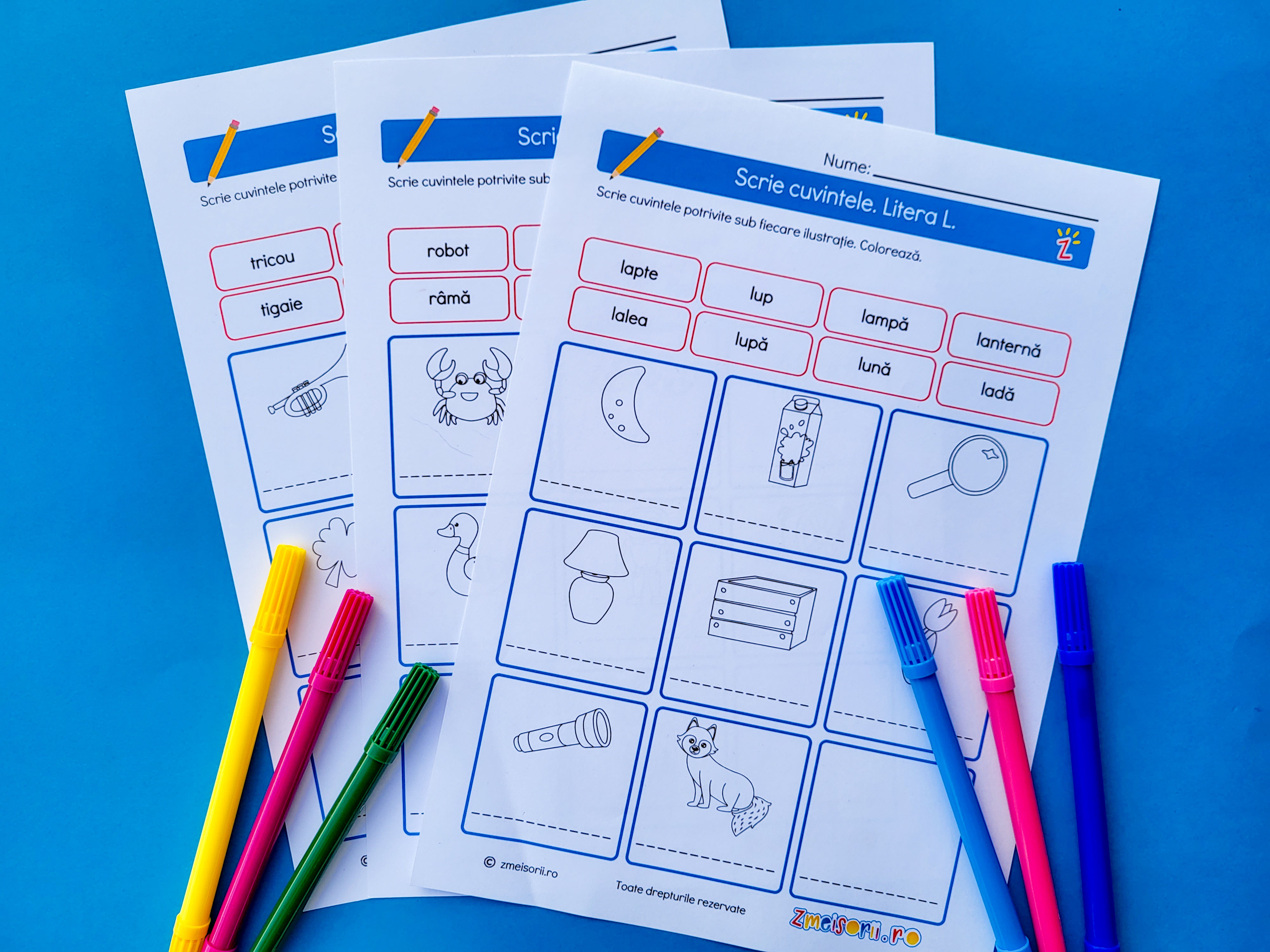 Literele R, T, L. Pachet Fișe scriere și lectură.