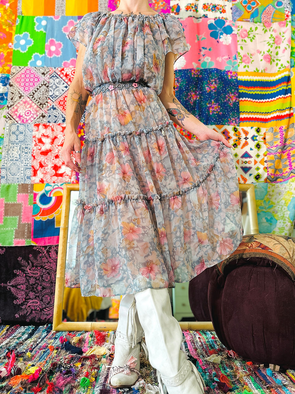 Thumbnail: 70s Sheer Floral Prairie Dress - XS/S/M