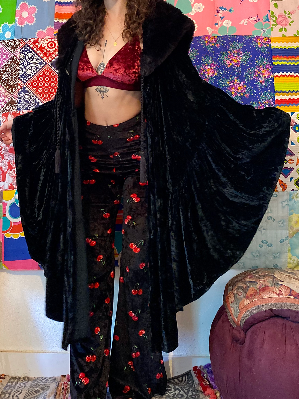 Thumbnail: OOAK Faux Fur Hooded Crushed Velvet Cape - OSFM