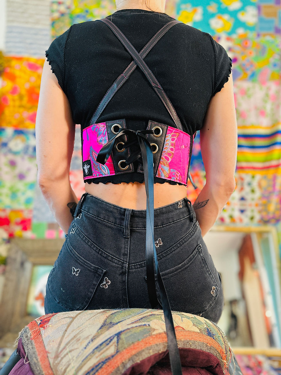 Thumbnail: RTO Silky Butterfly & Ethical Leather Corset Bustier w/ Contrast Stitching