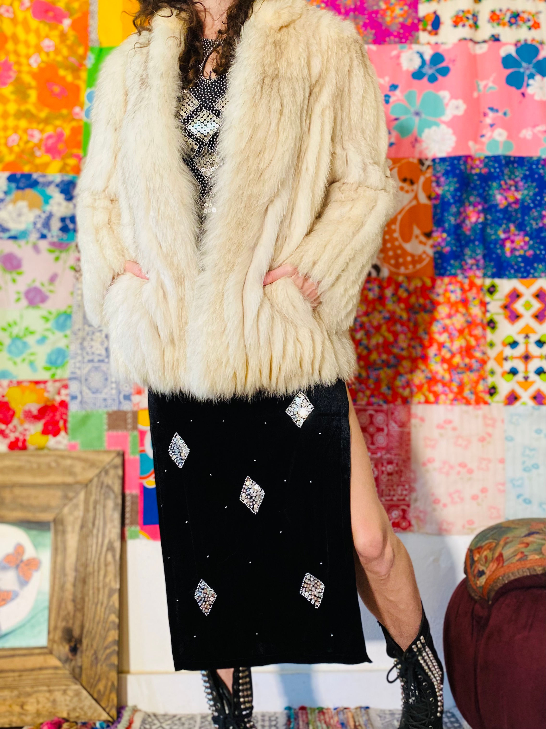 90s Striped Blue Fox Fur Coat - L/XL