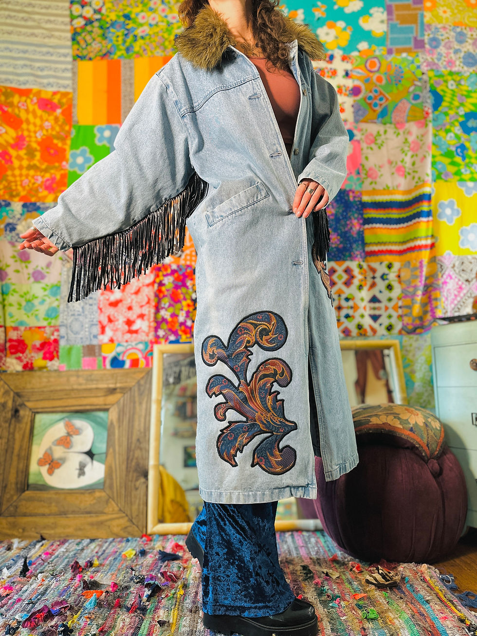 Thumbnail: OOAK Paisley Patch Denim Fringe Coat - M/L/+