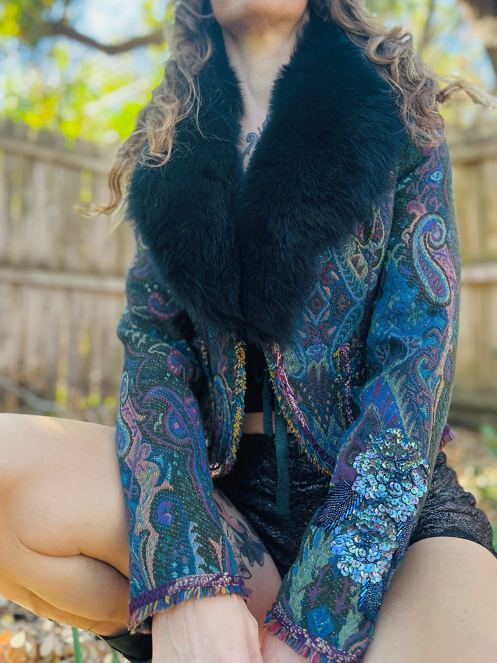 Thumbnail: OOAK Embellished Paisley Floof Jacket - XS/S