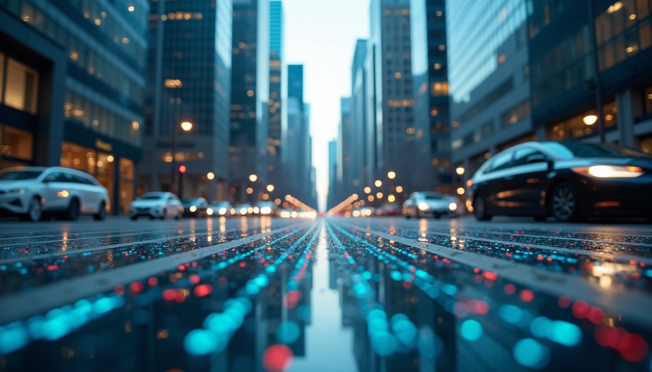Close-up view of a modern cityscape showcasing advanced technology
