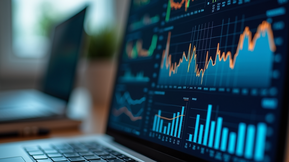 Close-up view of a computer screen showing different types of data analytics charts