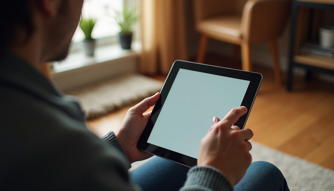 High angle view of a person using a tablet in a cozy home environment