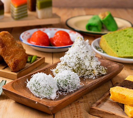 "Klepon and Lupis are Indonesian rice cake treats, usually paired with palm sugar and grated coconut.