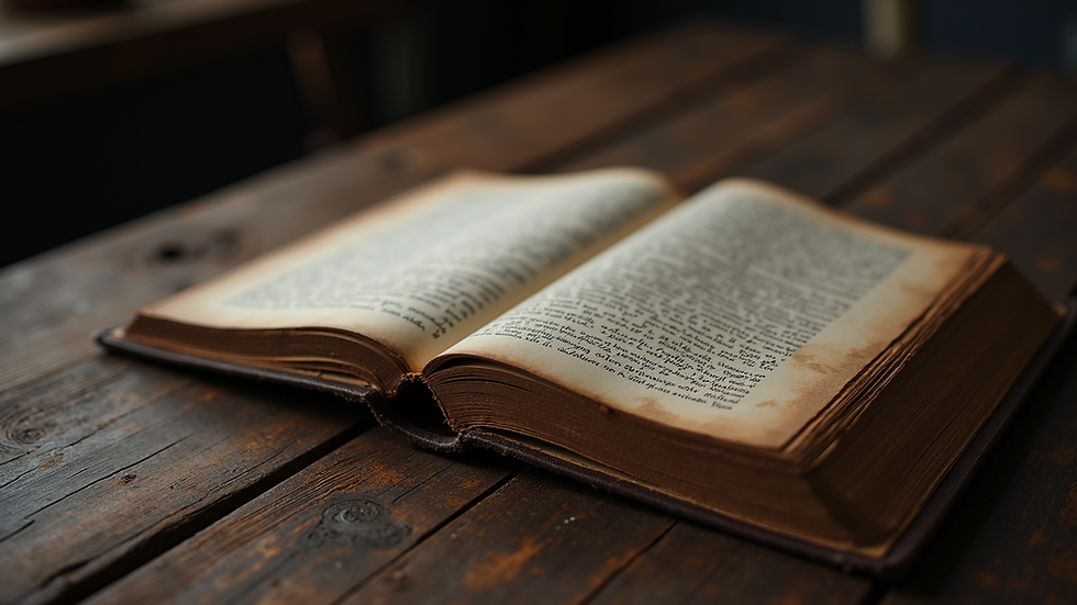 Close-up view of a weathered book lying open on a dark wooden table