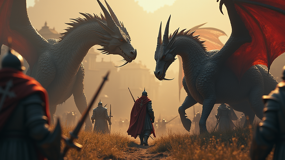 High angle view of a fantasy book cover with dragons and medieval warriors