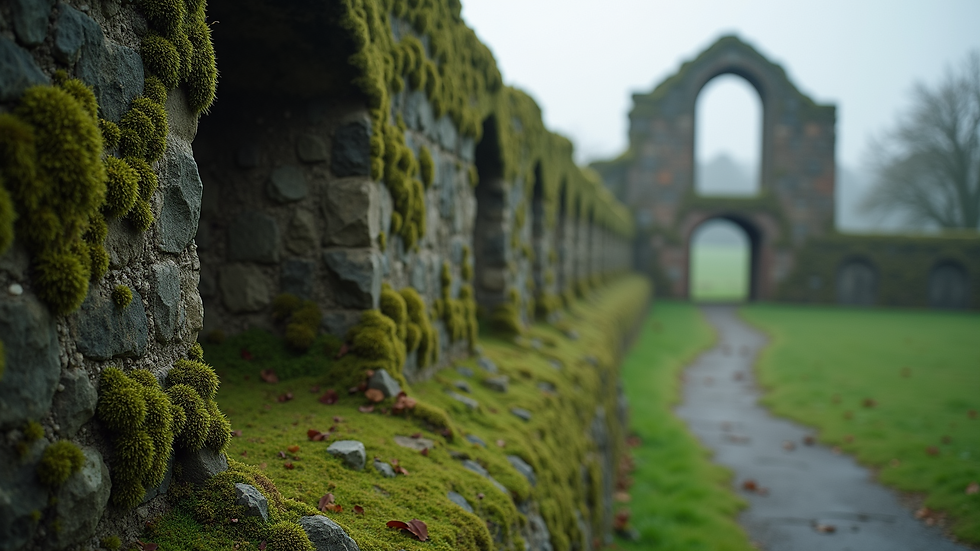 Close-up view of an ancient, crumbling castle wall covered in moss