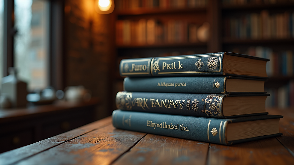 High angle view of a stack of dark fantasy novels on a wooden table